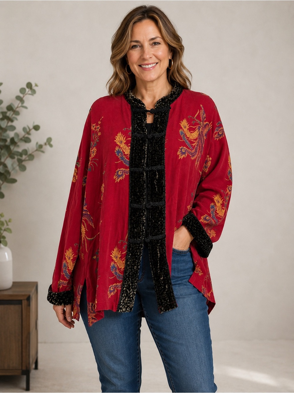 Chicos Silk Kimono Blouse Size XL 3 Mandarin Collar Floral Frog Knot Buttons